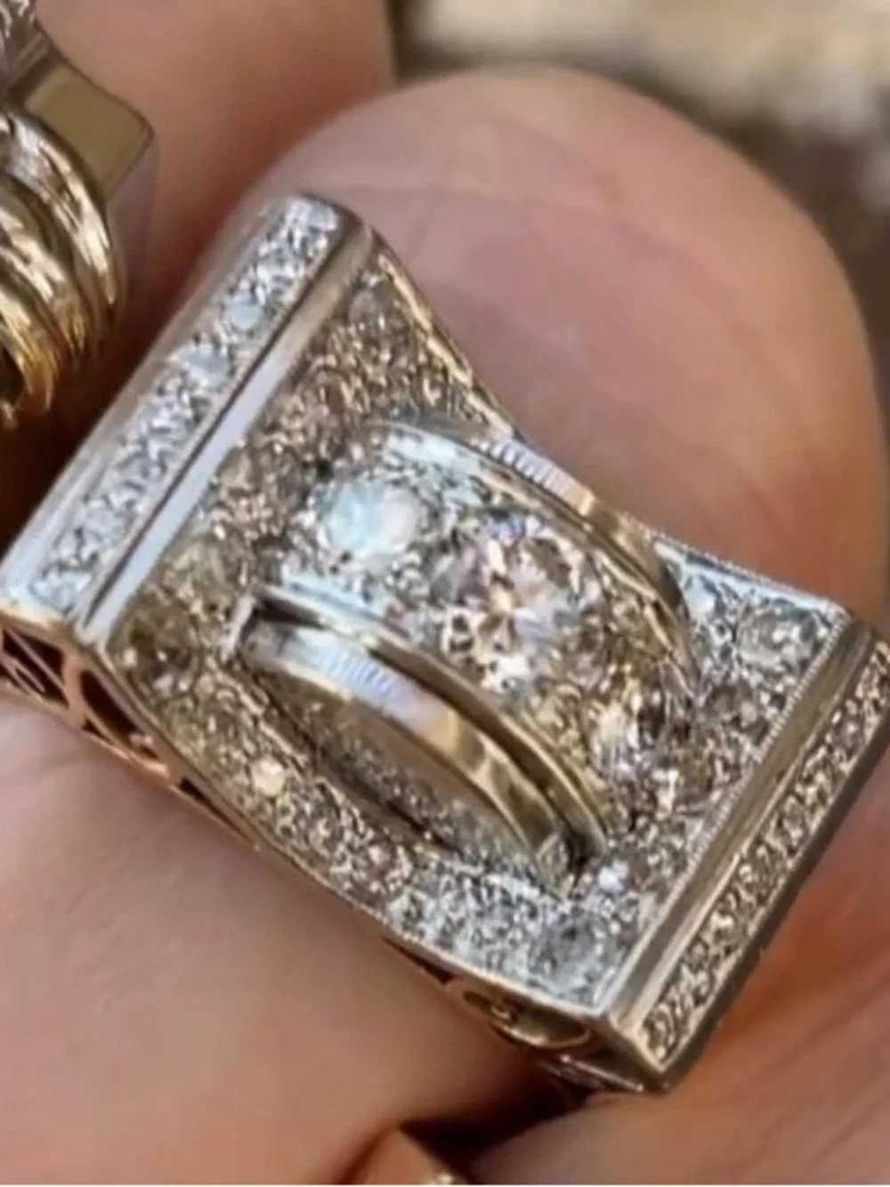 Platinum and 18k Gold Diamond Tank Ring